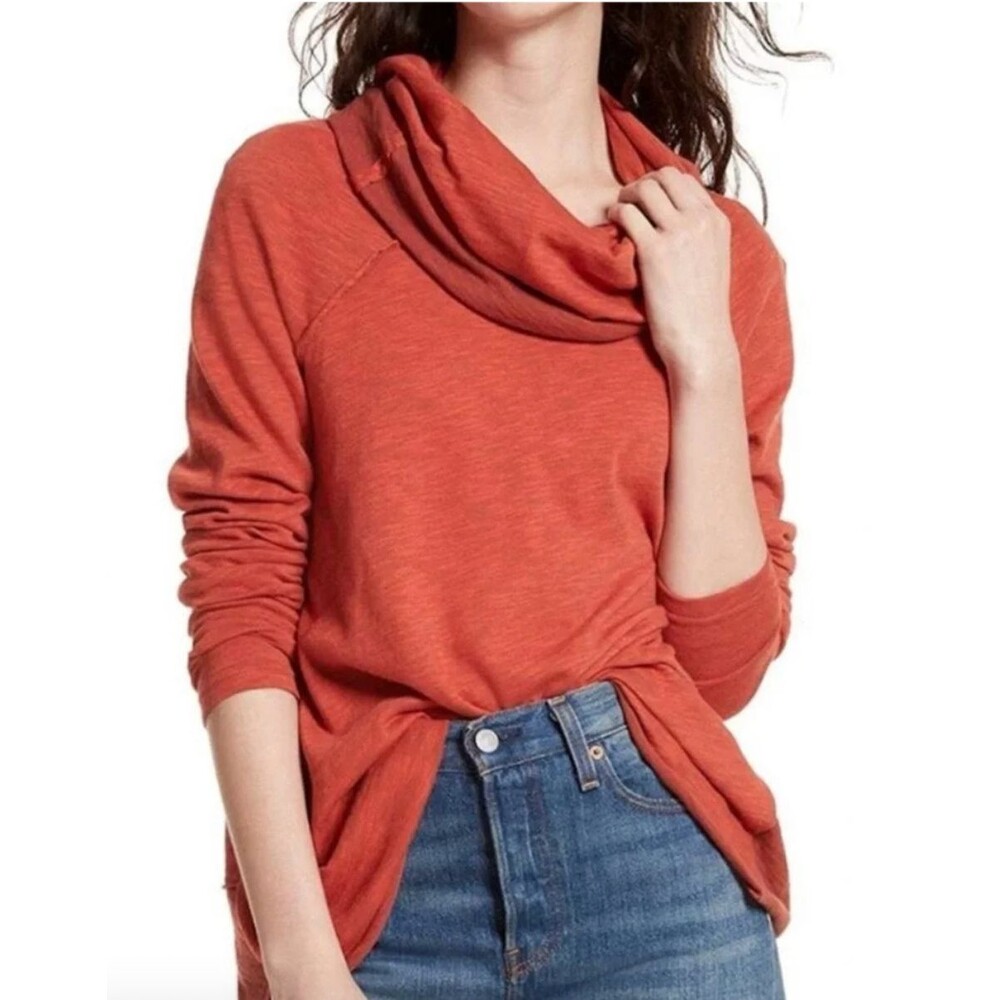 Free People Beach Two Body Corps Deux O/S Orange Cowl Neck Boho Cocoon Pullover